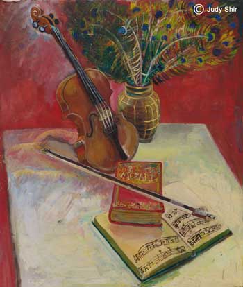 judy shir a violin and peacock feathers